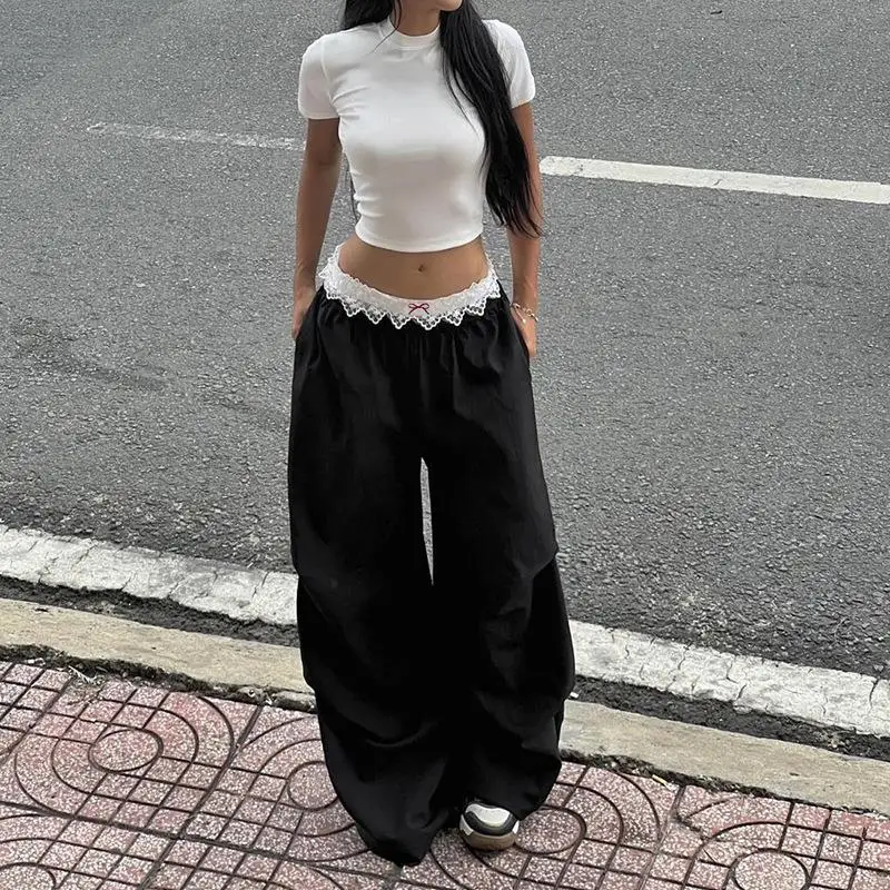

Low Waist Casual Pants Street Sle Loose Fit Faionable Workwear Pants Lace Trim Waisand Versatile Casual Faion