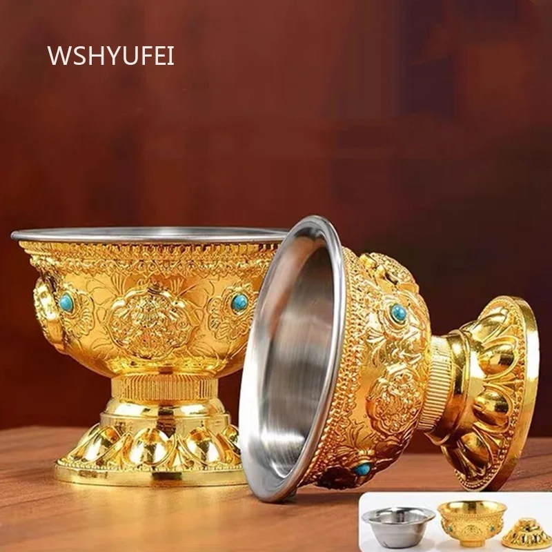 Lucky Holy Water Cup Household Water Cup with Inner Liner for Worship Chinese High Footed Cup Buddha Hall Decoration Figurines