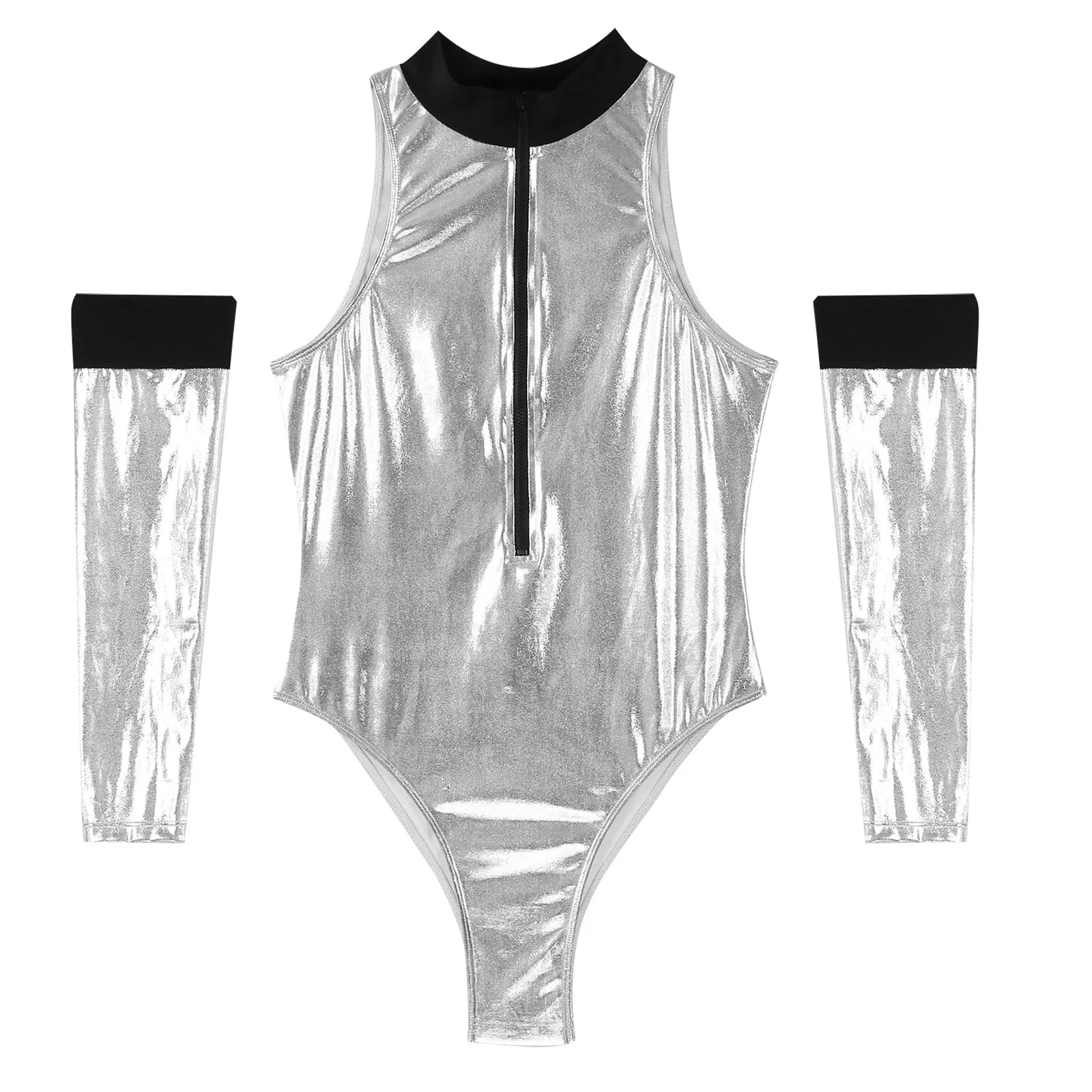 Womens Halloween Alien Cosplay Costume Outer Space Themed Party Dress Up Metallic Shiny Bodysuit Jumpsuit with Arm Sleevee Set