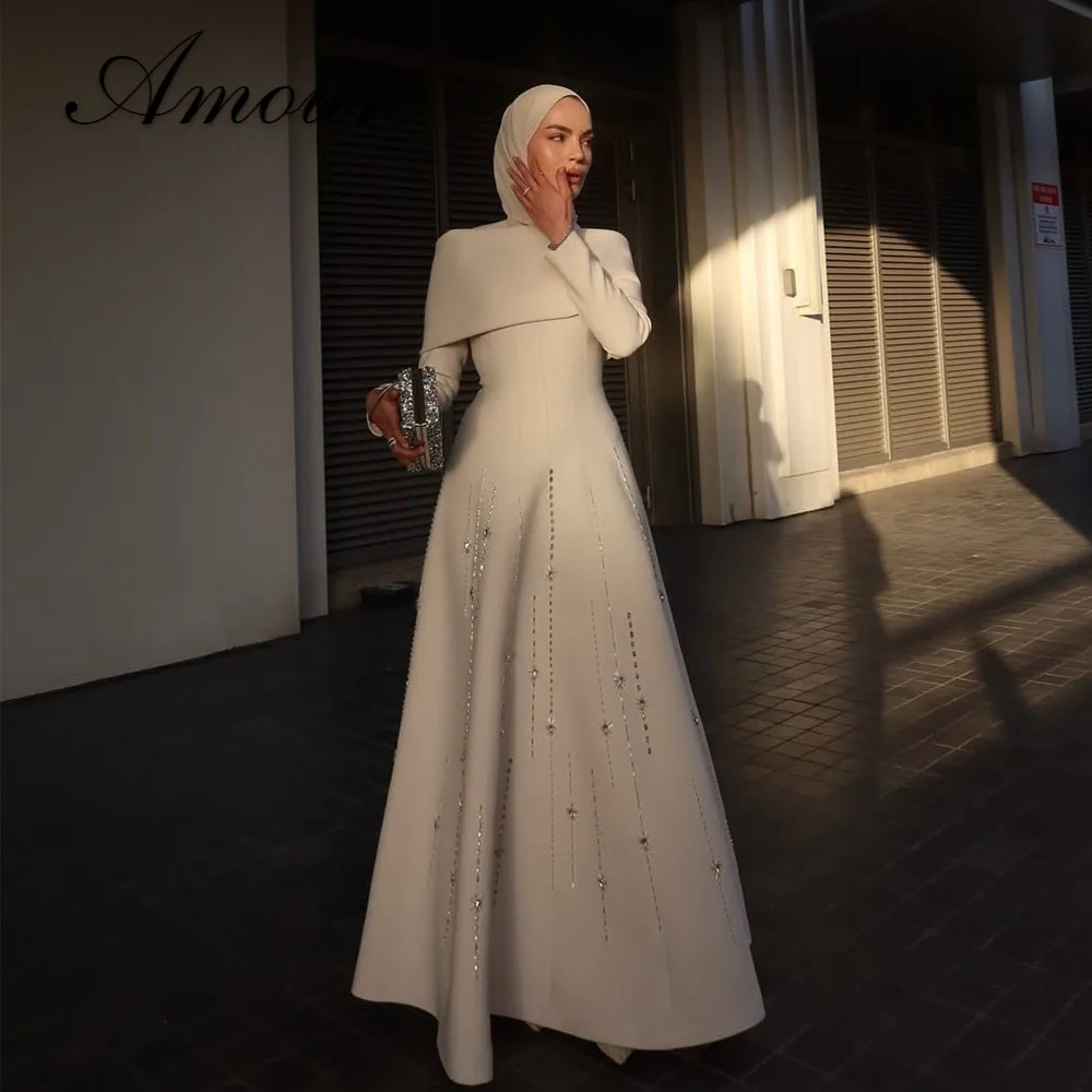 Amour Customized Muslim A-Line Evening Dresses with Hijab Pleated Long Sleeves Buttons Beading Floor-Length Formal Party Gowns