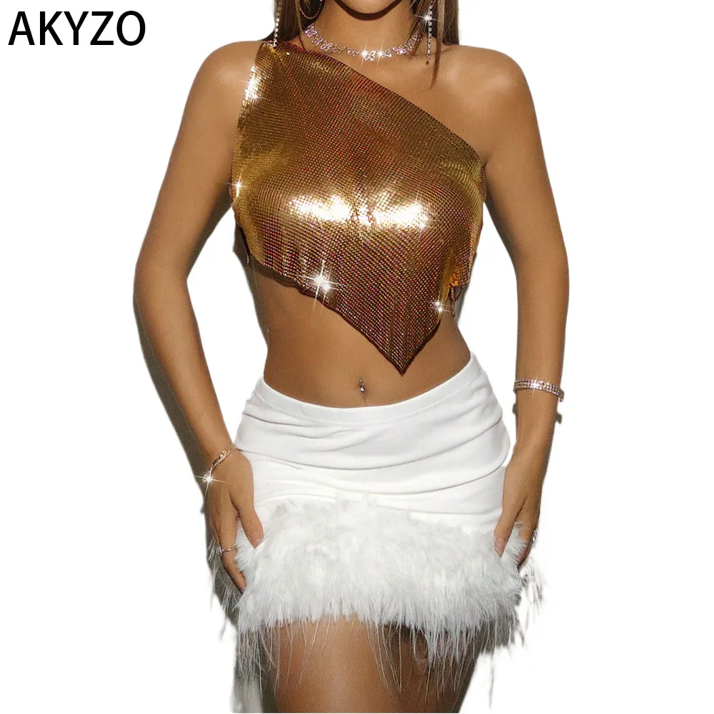 

AKYZO Metallic One Shoulder Backless Top Sexy Sleeveless Chain Detail Asymmetric Top Women's Clothing