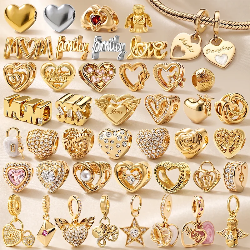 Gold Color Heart Mom Family Charms Angel Crystal Zircon Beads Fit Original Bracelets Necklaces DIY Jewelry Making Accessories Wo