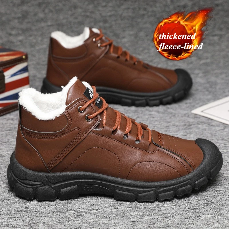 

Winter Waterproof Leather Snow Boots for Men Fur Warm Thicken Men's Cotton Shoes Outdoor Non-slip Platform Hiking Work Shoes