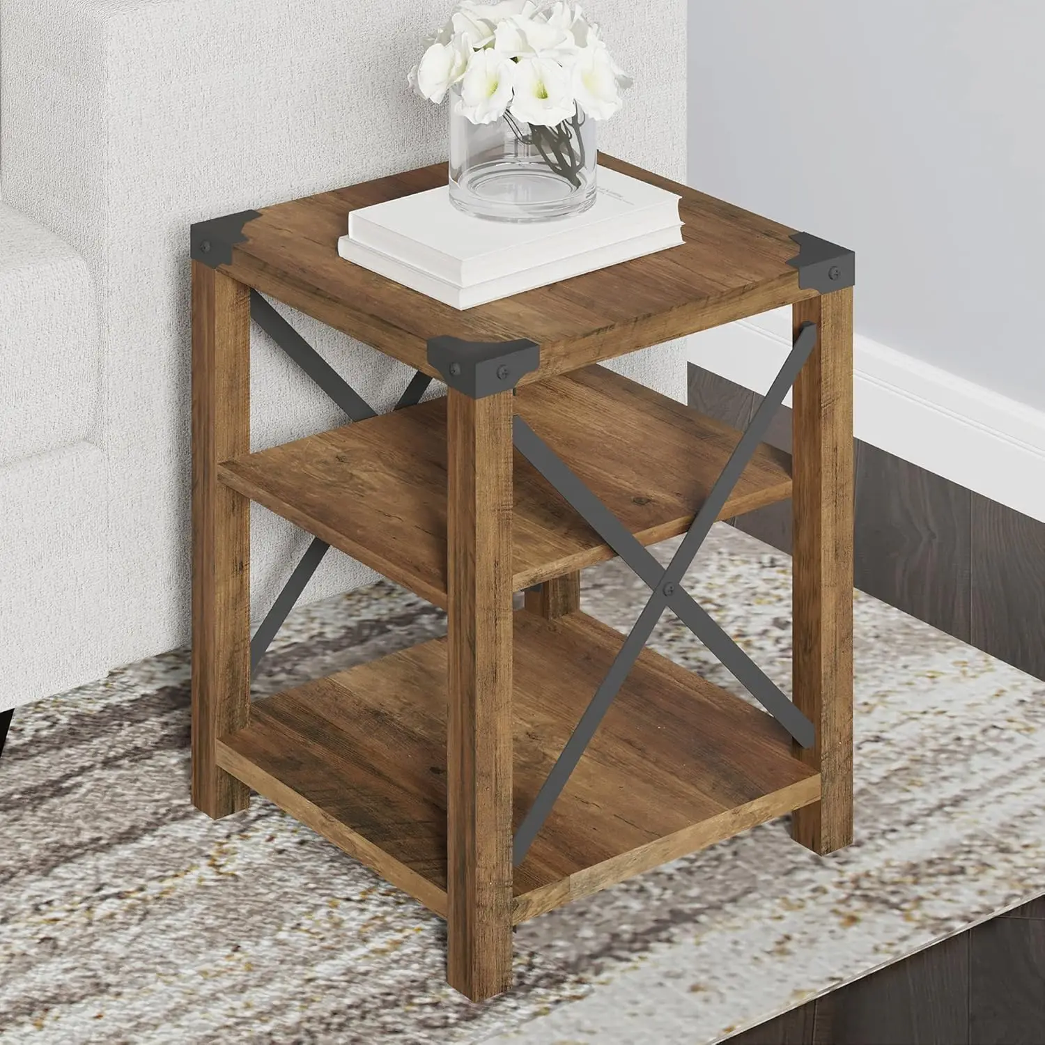 

18 Inch Farmhouse End Table, Industrial Accent Side Table with 3 Shelves for The Living Room, Rustic Wood Nightstand for Bedroo