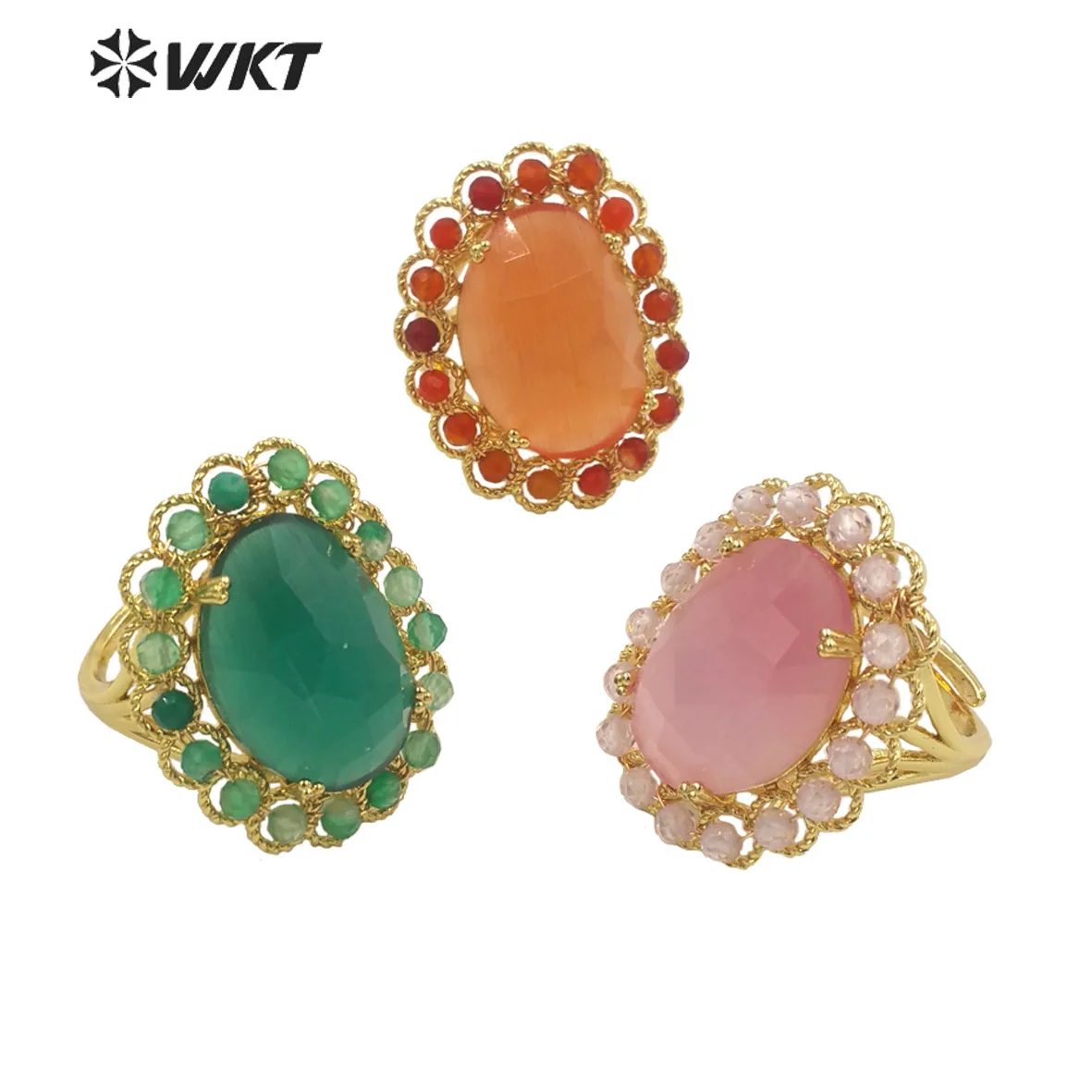 WT-R459 WKT Wholesale New Women 18K Gold Plated Resist Tarnishable Oval Cat Eye Stone Ring Charming Beads Beauty Colored ACC