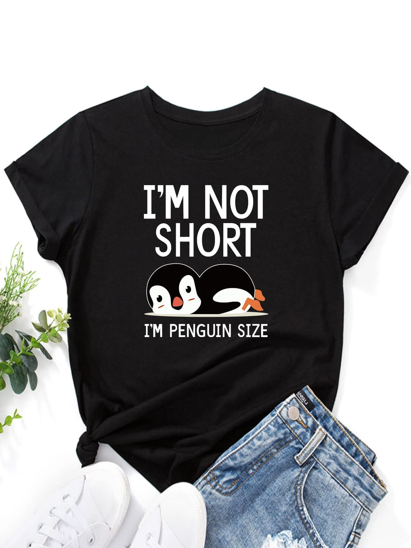 

Penguin Slogan Pattern T-shirt. I'm Not Short. I'm A Penguin Size Women's Top. The Fabric Is Comfortable and Soft