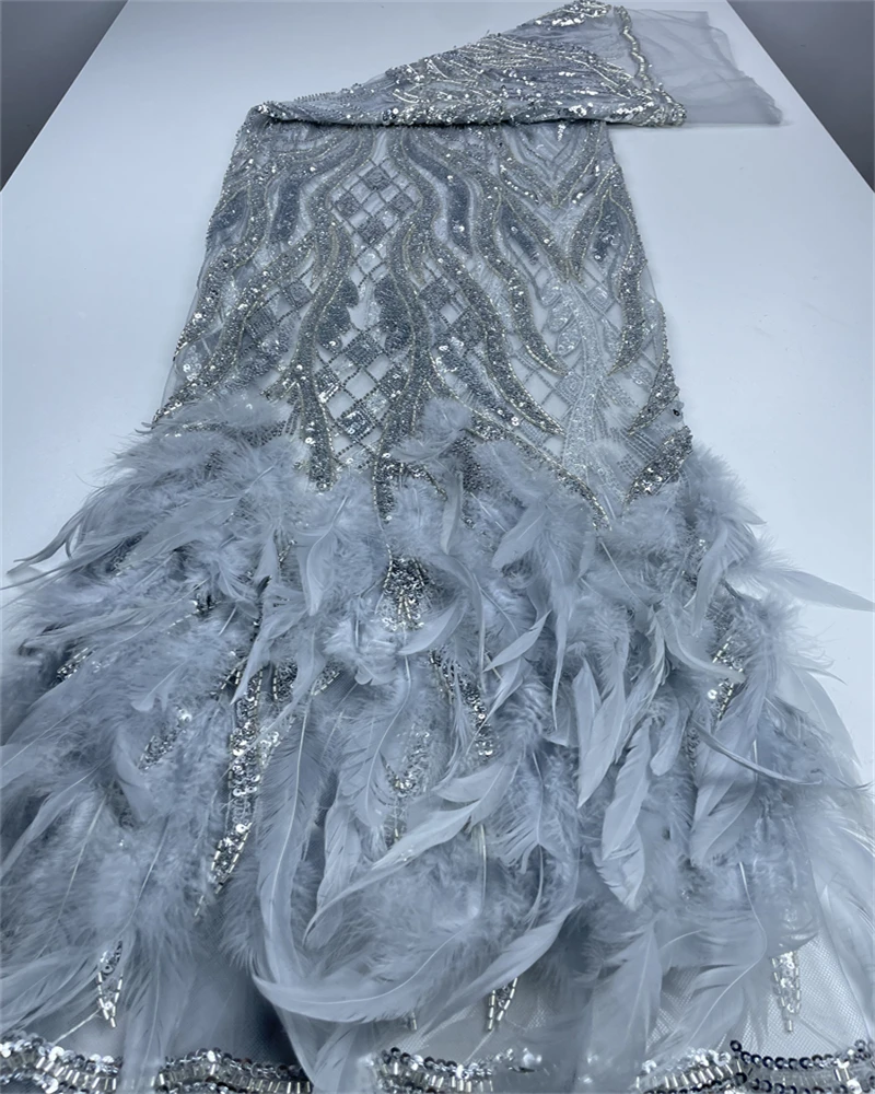 Tecido de renda de penas 3D africano com contas francesas bordadas de alta qualidade e lantejoulas para casamento nigeriano e vestidos de festa