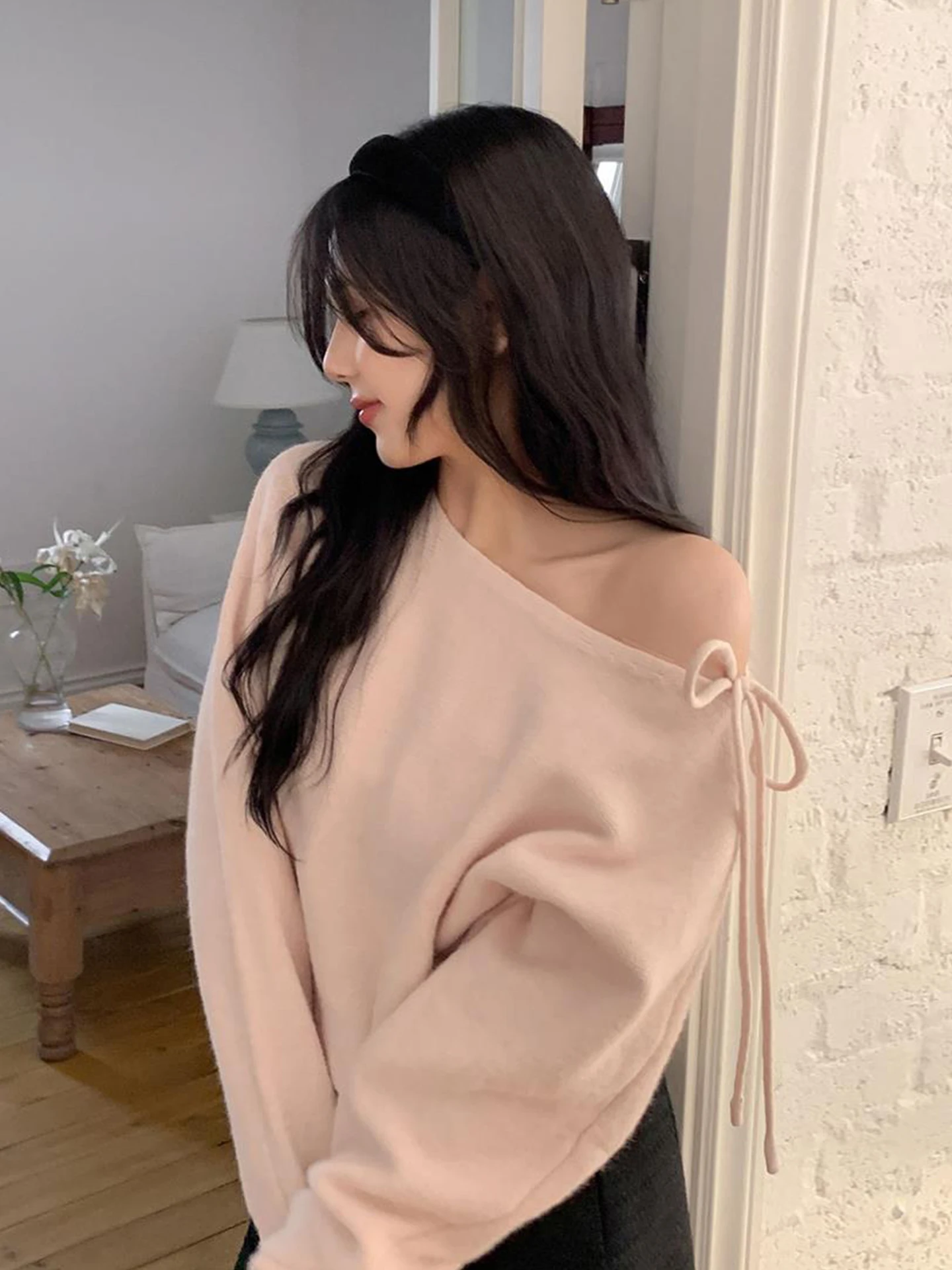 Doux Sle asymétrique sangle nœud tricoté pull femmes automne hiver Anti-âge doux polyvalent oulder Bared tricots