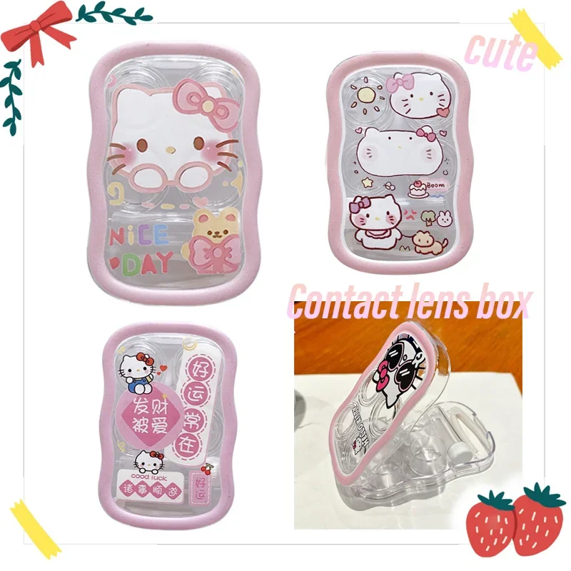 2024 HelloKitty Two Pairs/ Contact Lens Cases Sanrios Cartoon Portable Travel Transparent Glasses Storage Girl Accessories Gift