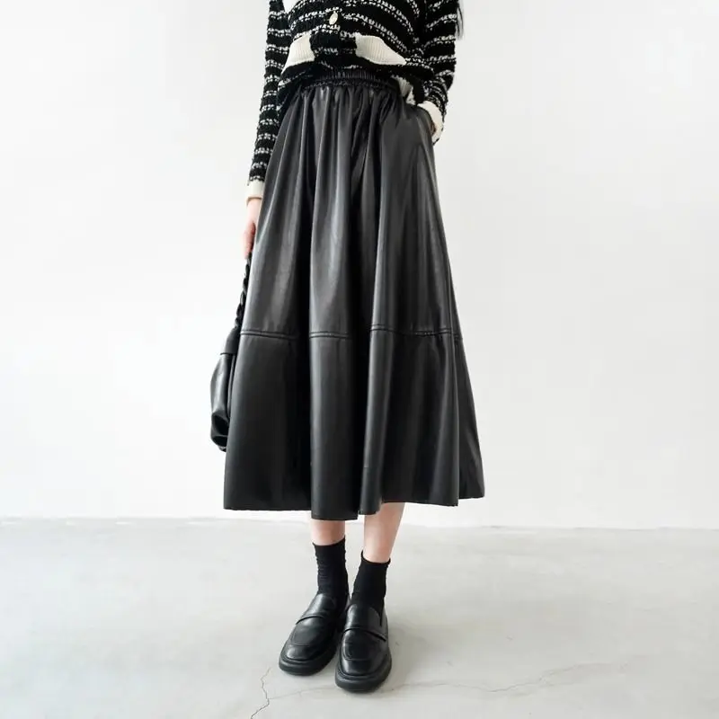 

Hepburn Style Matte PU Leather Skirt Retro Autumn and Winter Mid-length Skirt Temperament Elastic Waist Umbrella Skirt