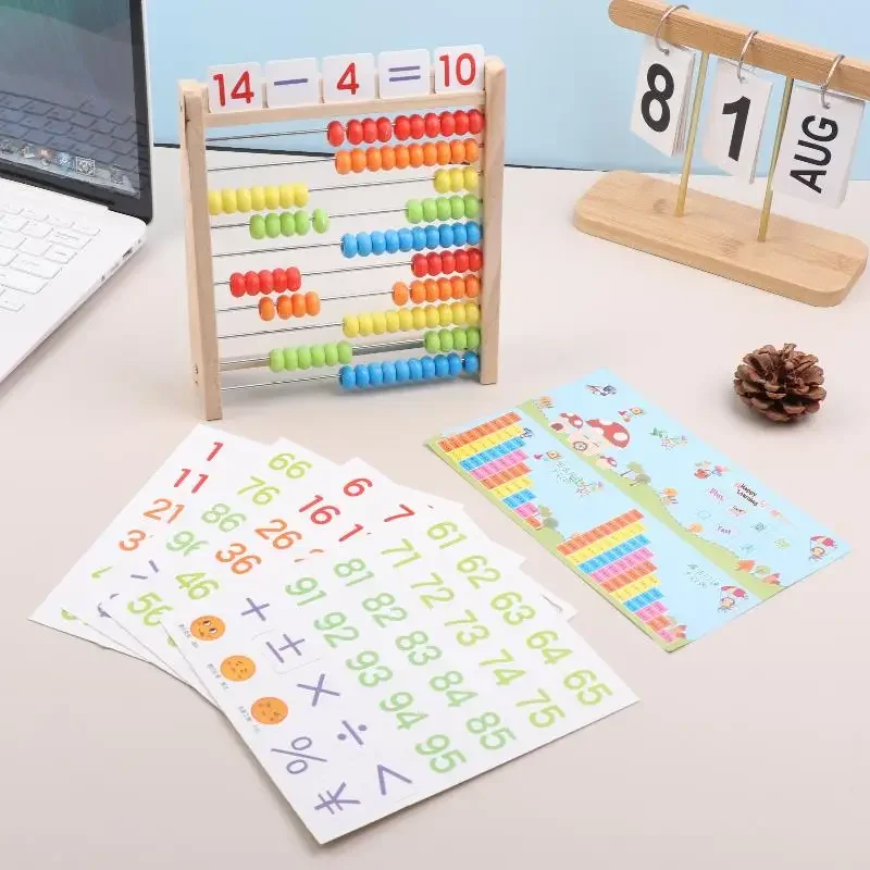 1 Juego de tarjetas del alfabeto con números, aprendizaje de matemáticas preescolar, matemáticas educativas de madera, juguete de conteo de 10 filas, 100 cuentas con palos de conteo