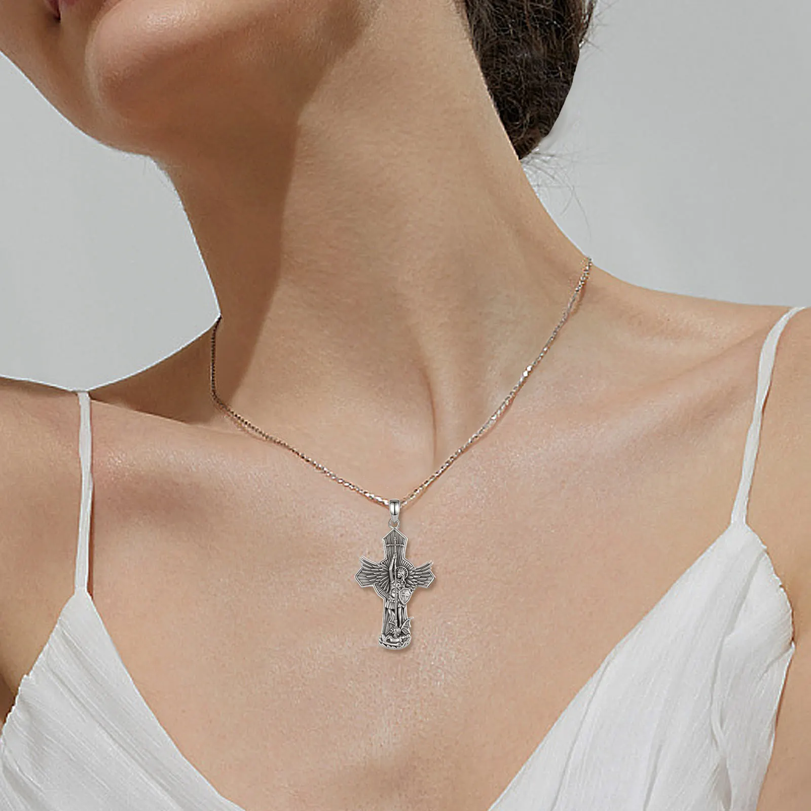 يودورا جديد 925 فضة سانت مايكل رئيس الملائكة قلادة للرجال النساء خمر الجناح الصليب قلادة مجوهرات الدينية هدية
