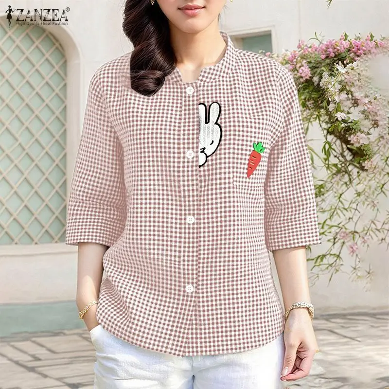 ZANZEA Damen-Hemden mit Puffärmeln, modische karierte Bluse, Vintage-Taschen, bedruckte Tunika-Tops, 2026, Sommer, lässig, lose Knöpfe, OL-Blusen