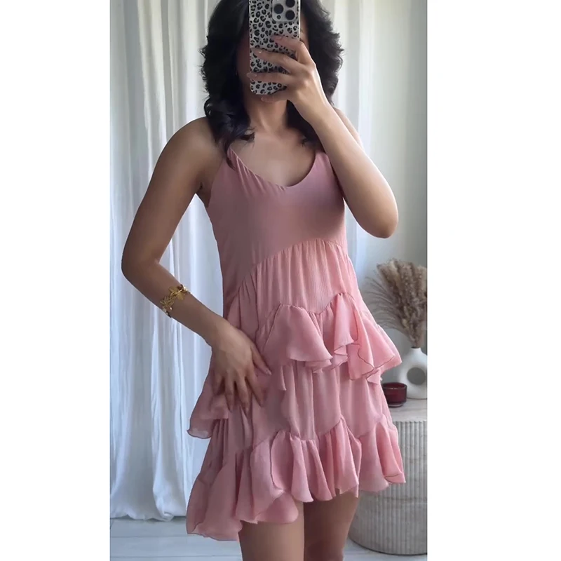 Asymetryczna sukienka z falbanką na imprezę na lato z dekoltem w szpic w jednolitym kolorze różowa moda damska sukienka wsuwana Streetwear wakacyjne ubrania damskie