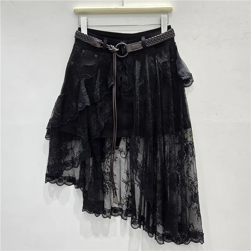 Rua irregular chique elegante renda emenda moda idade-reduzindo saia jeans feminino outono cintura alta solta coreano bolo saias