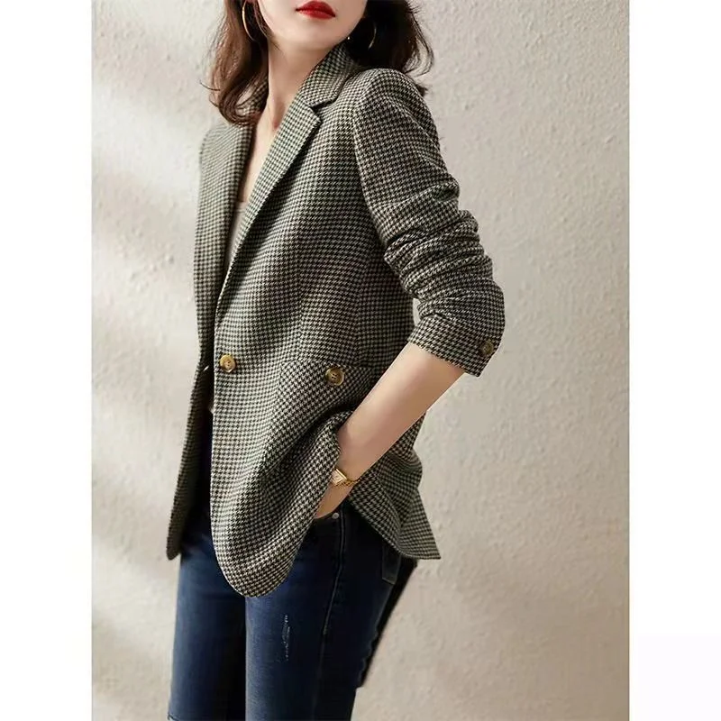 2023 Spring Autumn Winter Women New Fashionable Design Thick Suit British Style Slim Thousand Bird Checker One Button Coat Trend