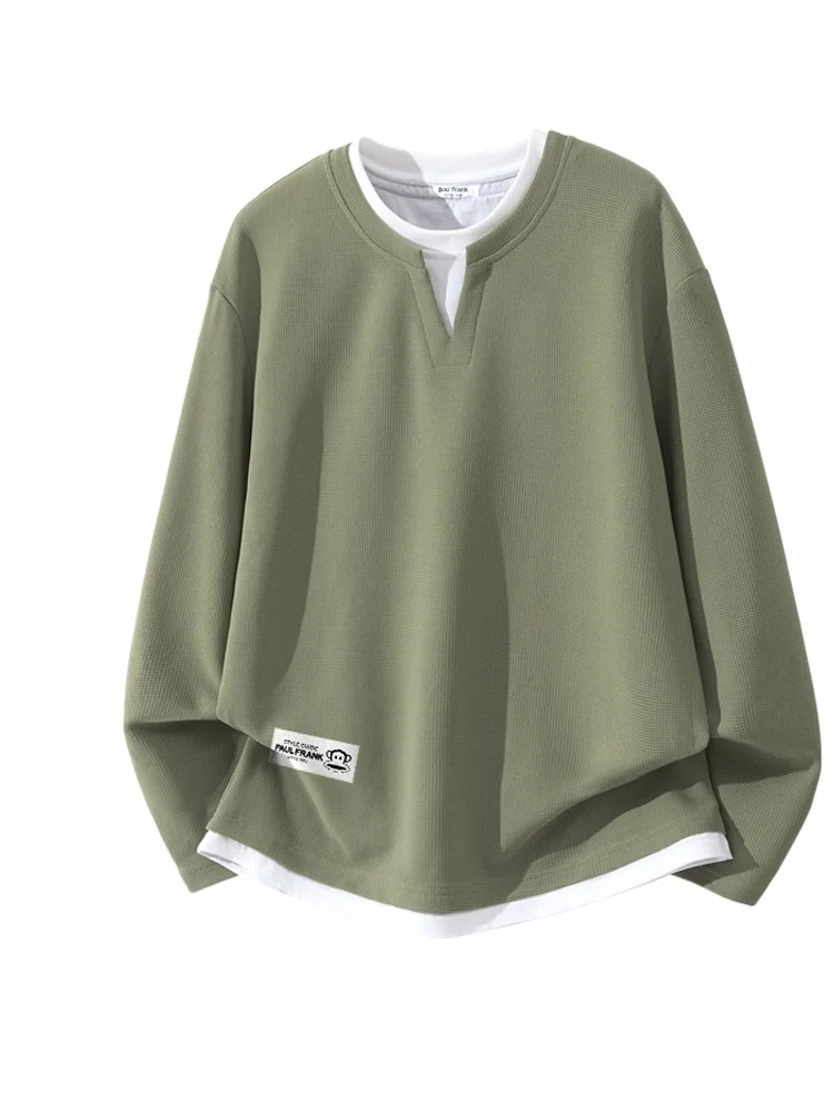 

Мужская футболка Monkey American Casual с V-образным вырезом, имитация двухслойности, длинный рукав, весенняя, текстурированная, дышащая, из полиэстера