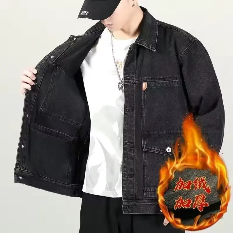 ملابس عمل رجالية مبطنة من قماش الدنيم لحماية العمل معطف خريفي وشتوي طويل Sve كاجوال فضفاض مناسب بأزرار... #3