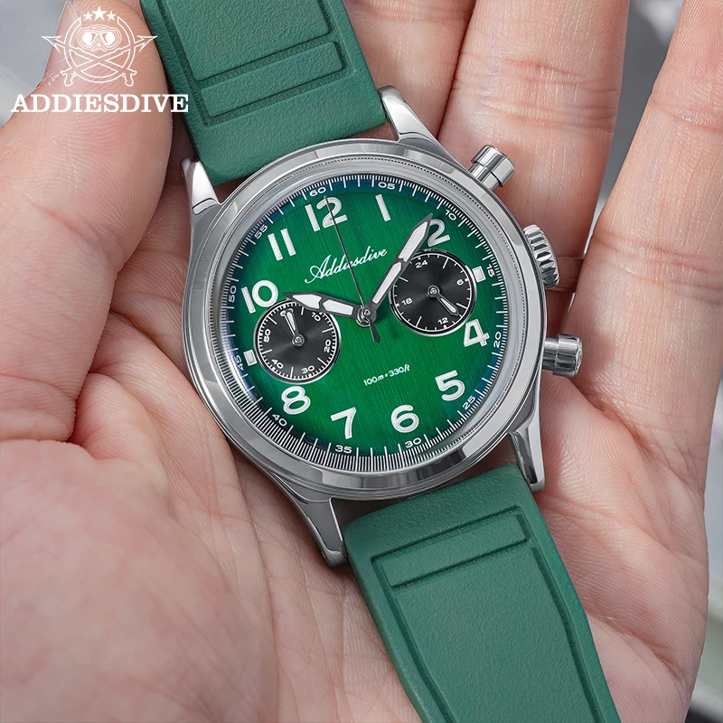 Addiesdive موضة رجل كوارتز ساعة كرونوغراف سوبر مضيئة مقاوم للماء 100 متر ساعة اليد 38 مللي متر فقاعة الزجاج المطاط حزام الساعات #5