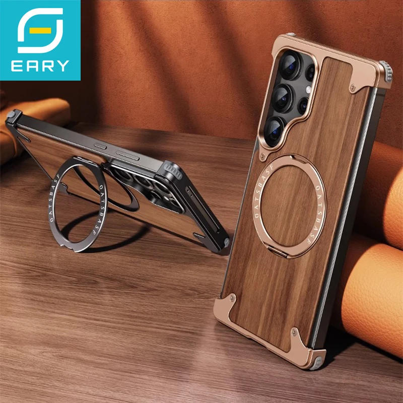 

Eary Solid Wood Phone Case for Samsung Galaxy S25 S24 Ultra Magnetic With 360° Rotation Stand Magsafe Frameless Protector Shell