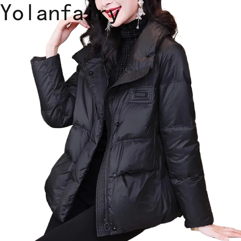 YOLANFAIRY الراقية 90% الأبيض أوزة أسفل السترات امرأة الشتاء الوقوف طوق الدافئة سترة منفوخة قصيرة الدافئة أسفل معاطف النساء 2025