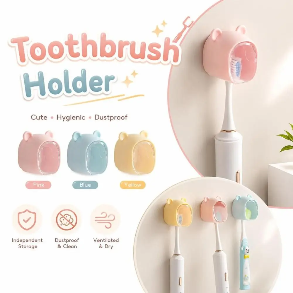 Durable Bear Shape Toothbrush Holder Flip-top Dustproof Toothbrush Rack Wall Mounted Toothbrush Storage Box Bathroom Use