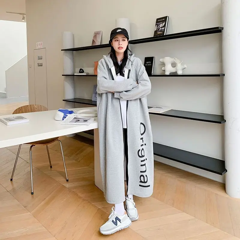 Casual Long Hooded Sweatshirt for Women Autumn Winter Fleece Thicken Loose Long Sleeve Zipper Hooded Cardigan Coats Oversized