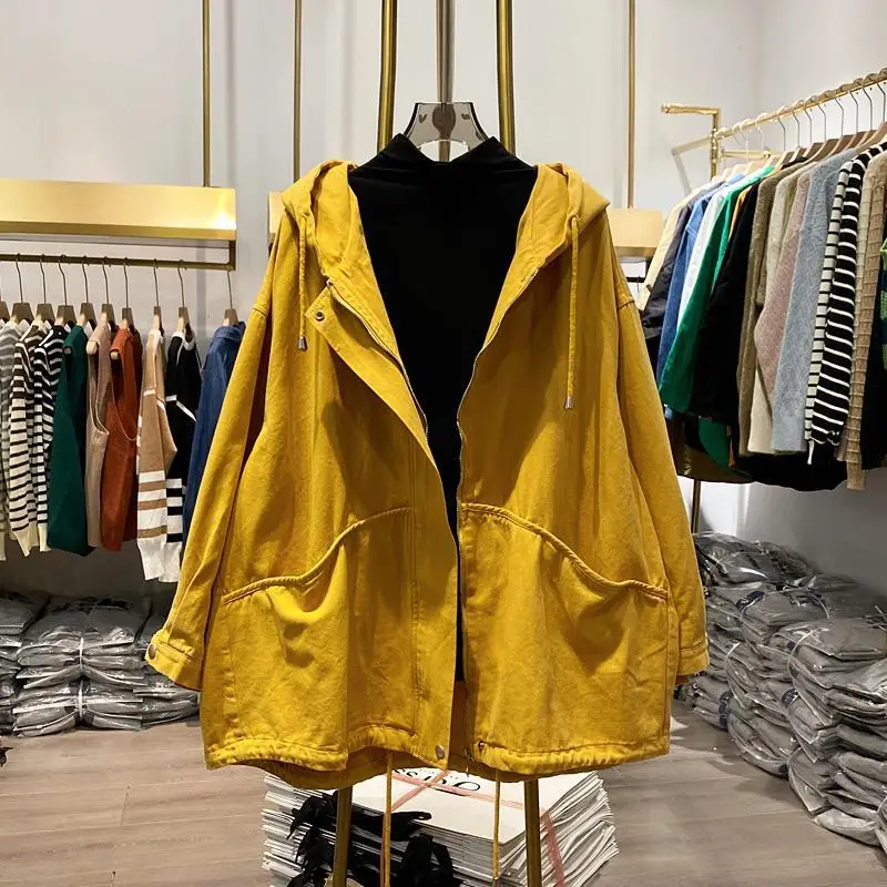 Casual Loose Women's Jaet Retro Workwear Sle Spring Season Large Size Faionable Versatile Cotton Hooded Zipper Closure