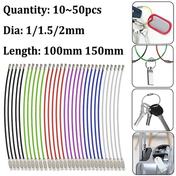50 ~ 10 pçs 10/15cm chaveiro de aço inoxidável tag corda fio cabo loop parafuso bloqueio gadget anéis chaveiro círculo acampamento corda acessórios