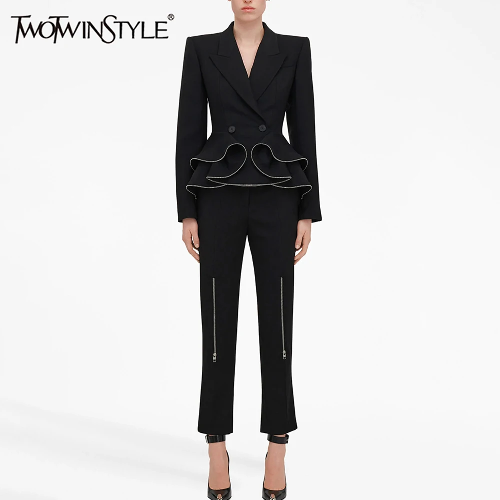 

TWOTWINSTYLE Temperament Two Piece Set Notched Collar Long Sleeve Blazer High Waist Patchwork Zipper Pant Slimming Sets Female