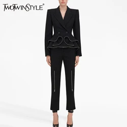 TWOTWINSTYLE Temperament Two Piece Set Notched Collar Long Sleeve Blazer High Waist Patchwork Zipper Pant Slimming Sets Female