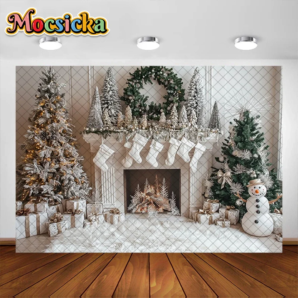 Mocsicka Photography Background Christmas Tree Fireplace Garland Decoration Children Holiday Portrait Photo Backdrop Studio Prop