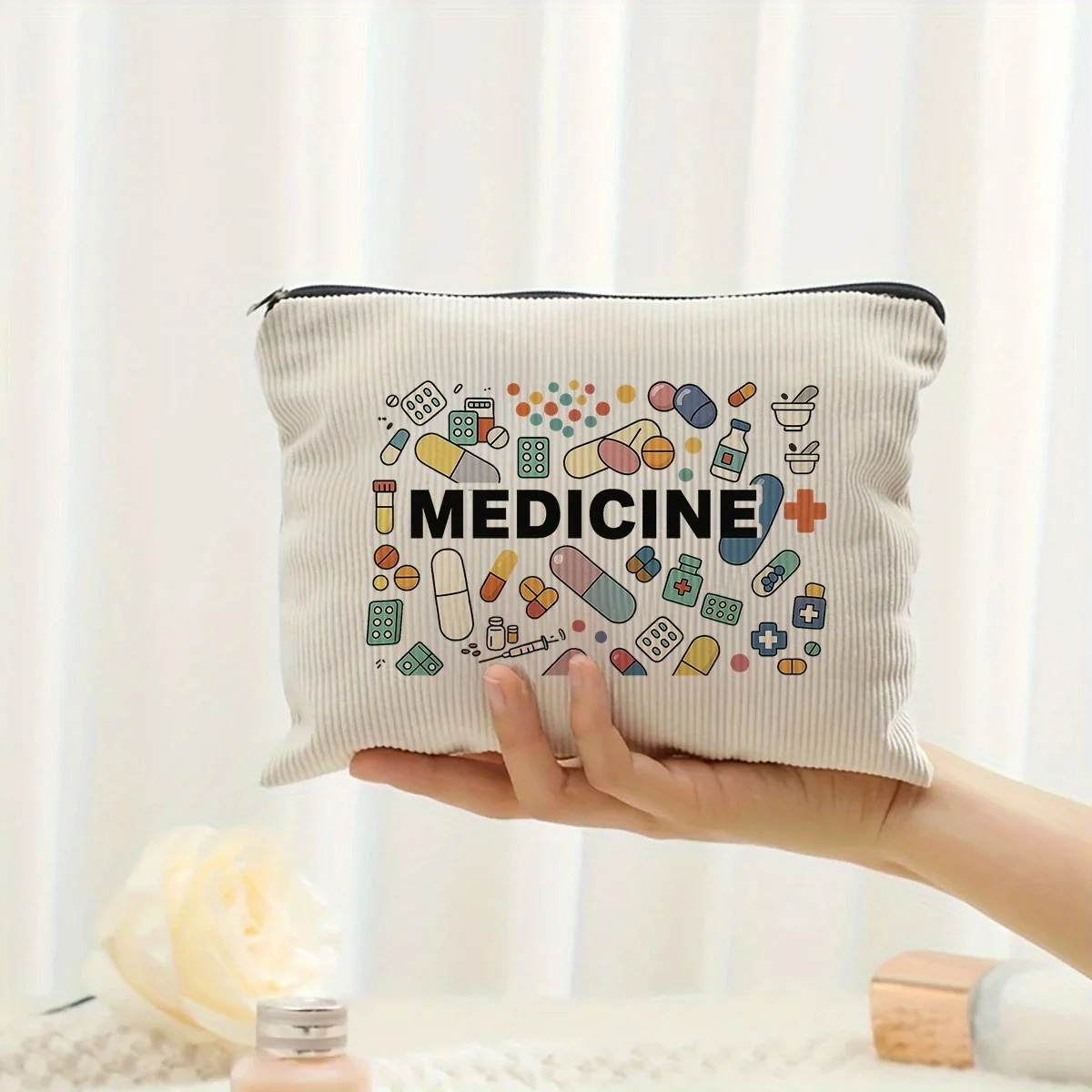 Colorful Pills Capsules Medicine Printed Corduroy Storage Pouch Portable Travel First Aid Medical Organizer Bag Gift for Nurse