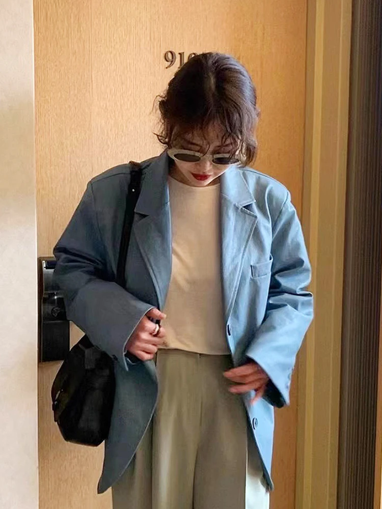 Chic Vintage Autunno Lungo Sve PU Pelle Jaet Cappotto ampio da donna a due bottoni Sli Pendolarismo Vento per 8-24 anni