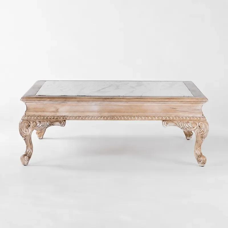 American Country Style Solid Wood Carved Flower Retro Living Room Coffee Table Square Marble Top Tea Table Negotiation Desk