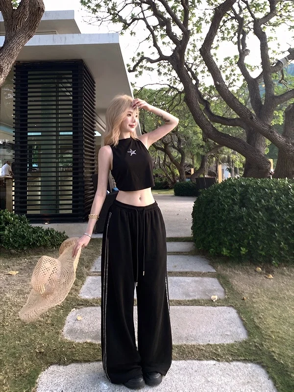 

American Style Hot Girl Belly Button Strapless Sleeveless Vest Top Women Summer Loose Casual Wide Leg Pants Sweatpants Set