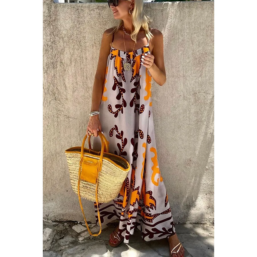 فستان عطلة فضفاض غير رسمي مطبوع بحزام مثير جديد لربيع وصيف 2023