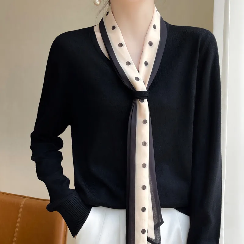 Polka Dot Ribbon Beautiful Long Sleeve Shoulder Wool Knitted T-shirt Bottoming Shirt Ladies Temperament Spring V-Neck Shirt