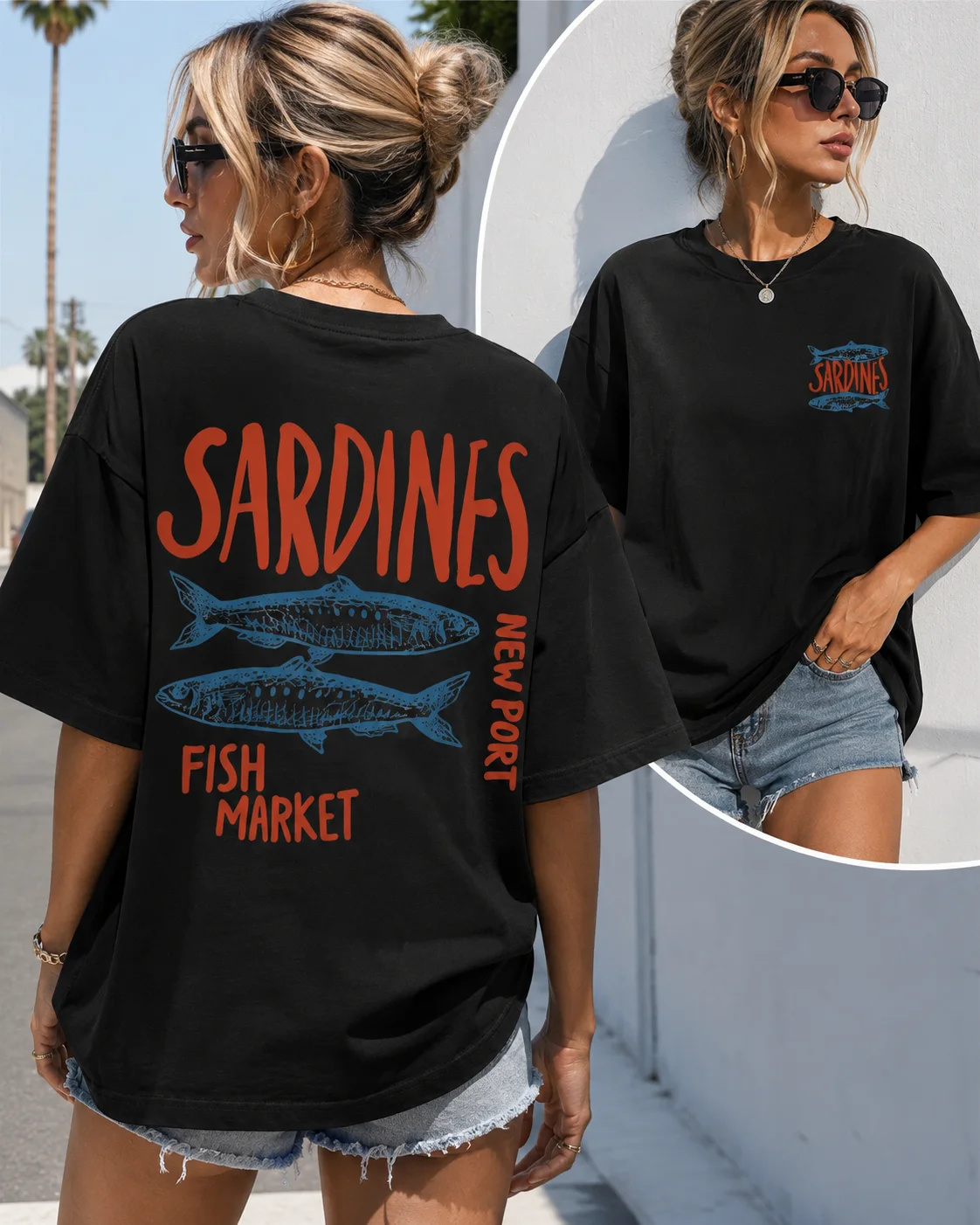 New Sardine Fish Market T-Shirt: Fun New Port Design Double-Sided Print Unisex Harajuku Style Loose Fit Short-Sleeve Summer Top