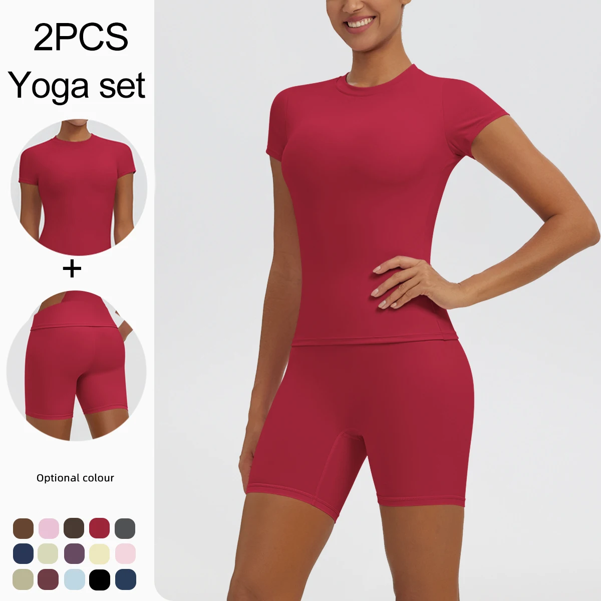 2PCS Sports Running Quick Drying Yoga Suit Slim Solid Color Short Sleeve Woman T-Shirt High Stretch Hip Push Up Fitness Shorts