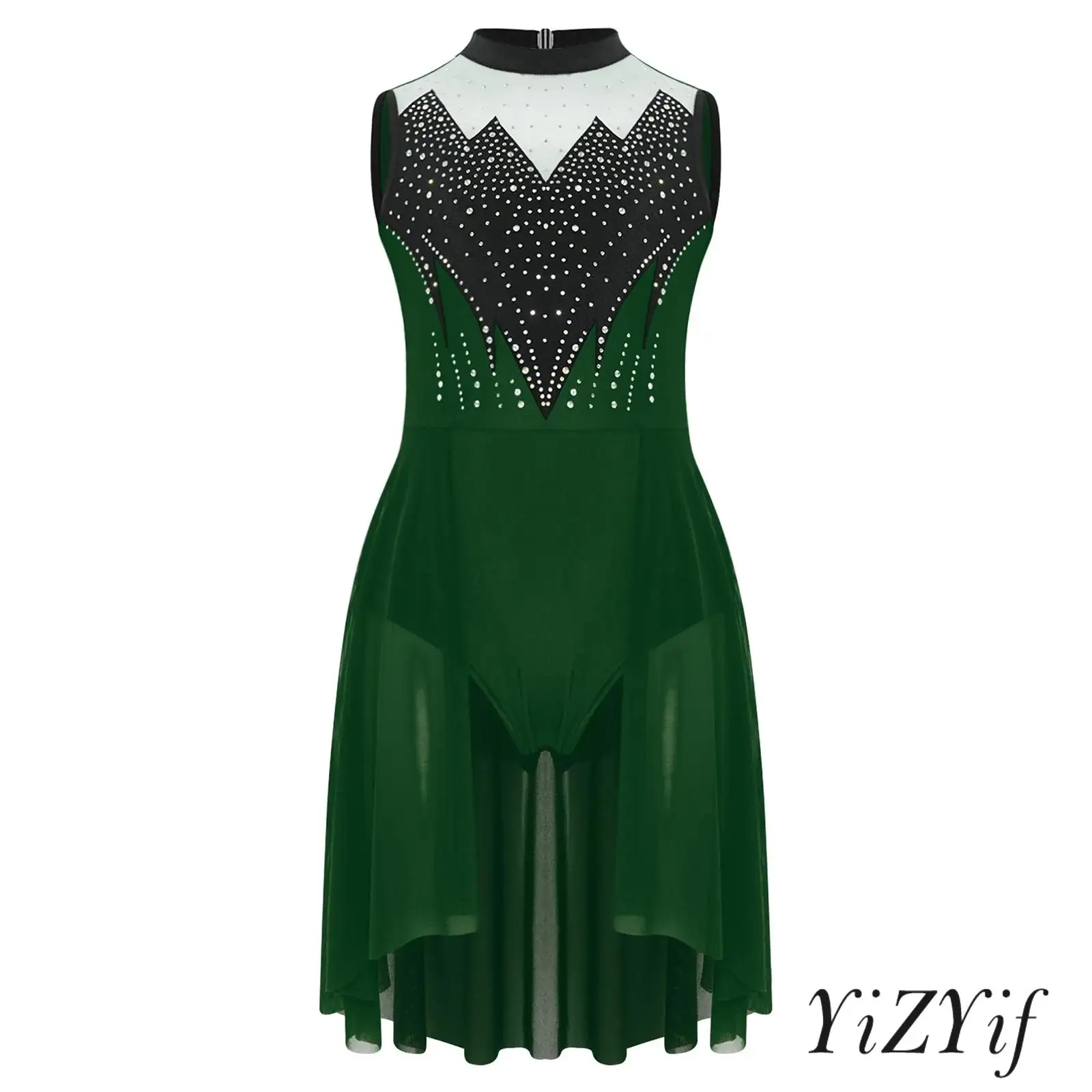 

Kids Girls Lyrical Tango Latin Leotard Rhinestones Mock Neck Sleeveless Waist Mesh Jumpsuit for Jazz Salsa Dance Performances