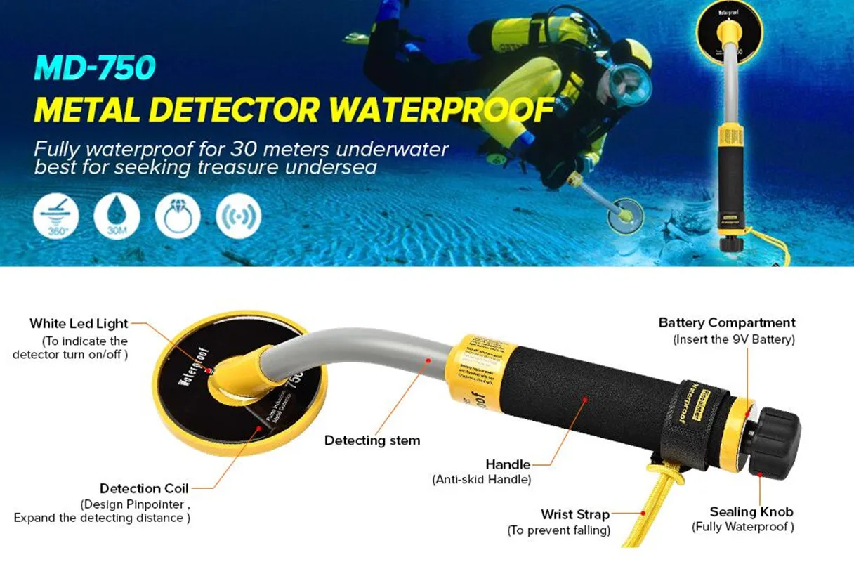 

PI750 Fully Waterproof Metal Detector Gold Digger Kit 100feet/30m Underwater Diving Ocean Lake High Sensitivity Pulse Induction