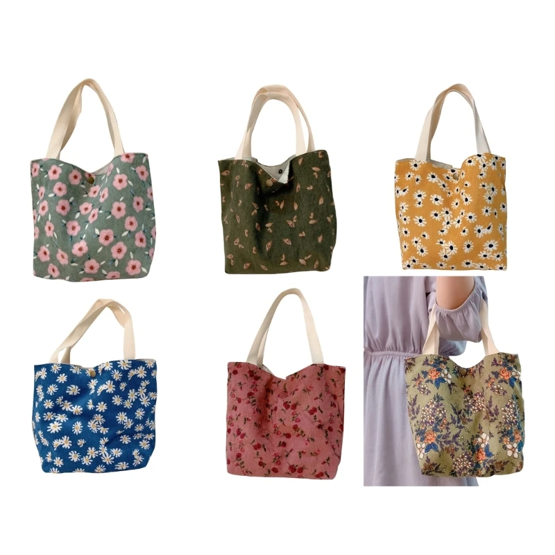 Ladies Tote Bag Flower Print Corduroy Handbag Fashion Beach Shopper