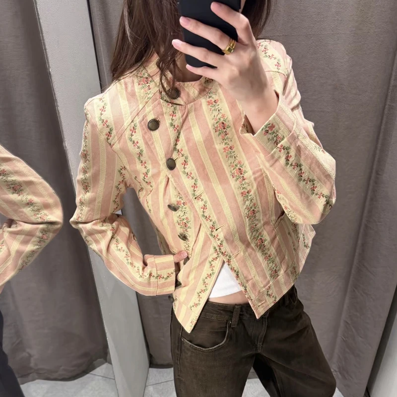 Jacquard-gestreifte Jacken mit seitlicher Knopfleiste für Damen, Street-Style, O-Ausschnitt, lange Ärmel, einreihig, geteilte, lockere Jacke, schicke Damenoberbekleidung – Detail 5