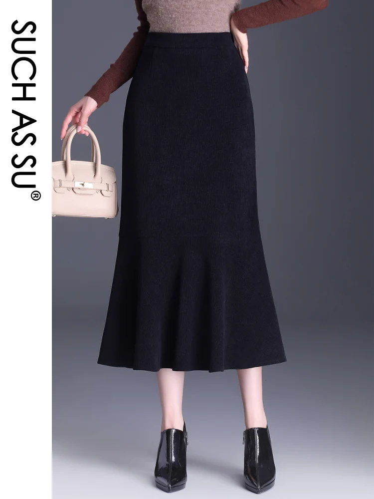 SUCH AS SU New Spring Autumn  Twill Skirt Women 2023 Black Coffee Khaki High Waist Mid-Calf Mermaid S-3XL Ruffle Skirt Female