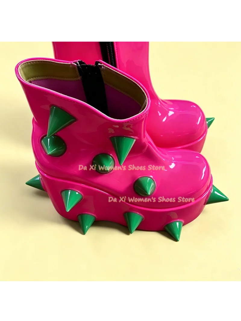Punk Rivet Platform Ankle Boots Pink Color Blocking Rivet Decorate Side Zipper Pog he Women's Boots Role Play Rave Women's Shoes