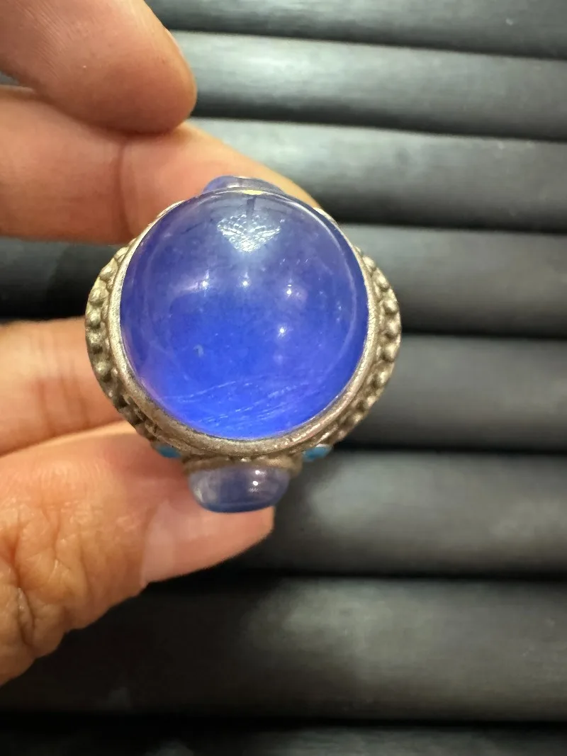 

Tibetan Silver Cloisonne Ring, Inlaid Blue Star Sapphire, Retro Ethnic Style, Adjustable Open Band, Unisex Vintage Finger