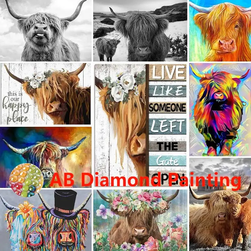 AB DIY Diamond Painting Scottish Highland Cattle Diamond Puzzle Brown Highland Cow Diamond Embroidery Animal Cross Stitch Decor