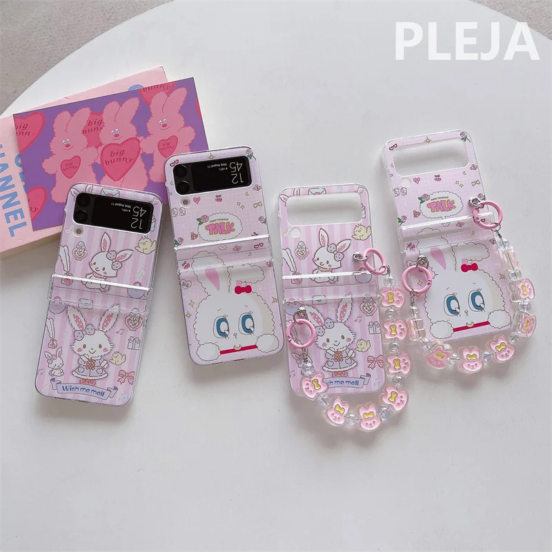 Korean Cute Pink Rabbit Chain Phone Case For Samsung Galaxy Z Flip 6 4 5 3 Flip4 Flip5 Flip3 Flip6 5G Cover Cartoon Hinge Cases