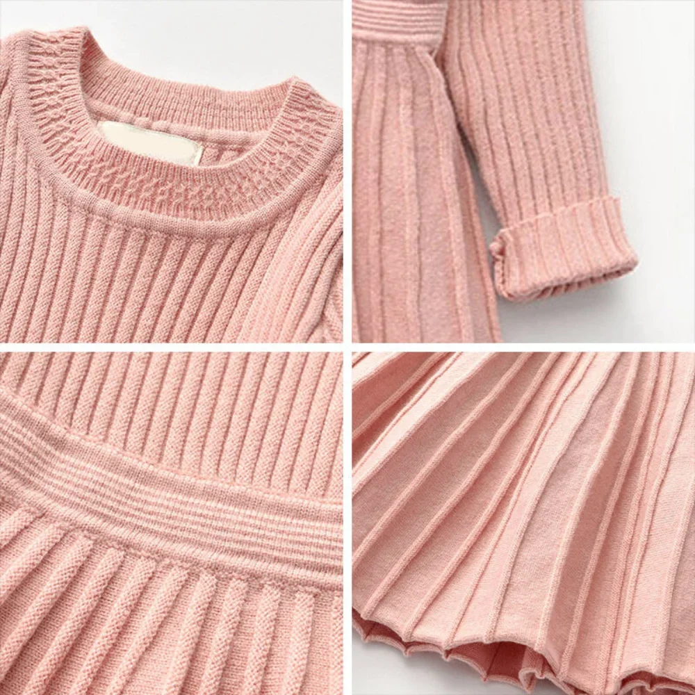 Kids Clothes Winter New Solid Color Children\'s Clothing Pink Long Sleeved Round Neck Pleated Dress Girls Casual Dresses